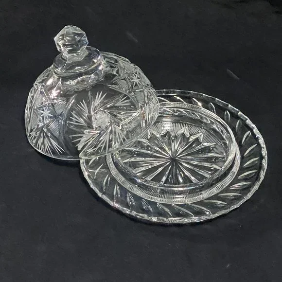Eleanor American Cut Round Glass Cover Butter/Cheese Dish Pinwheel Fan Stars - Picture 3 of 11